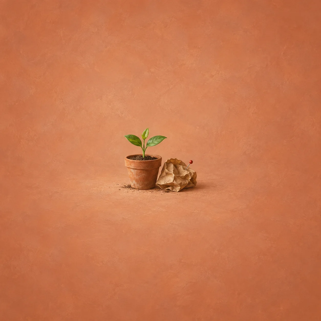 A green seedling in a clay pot beside crumpled brown paper and a red-headed pin against a terracotta background.