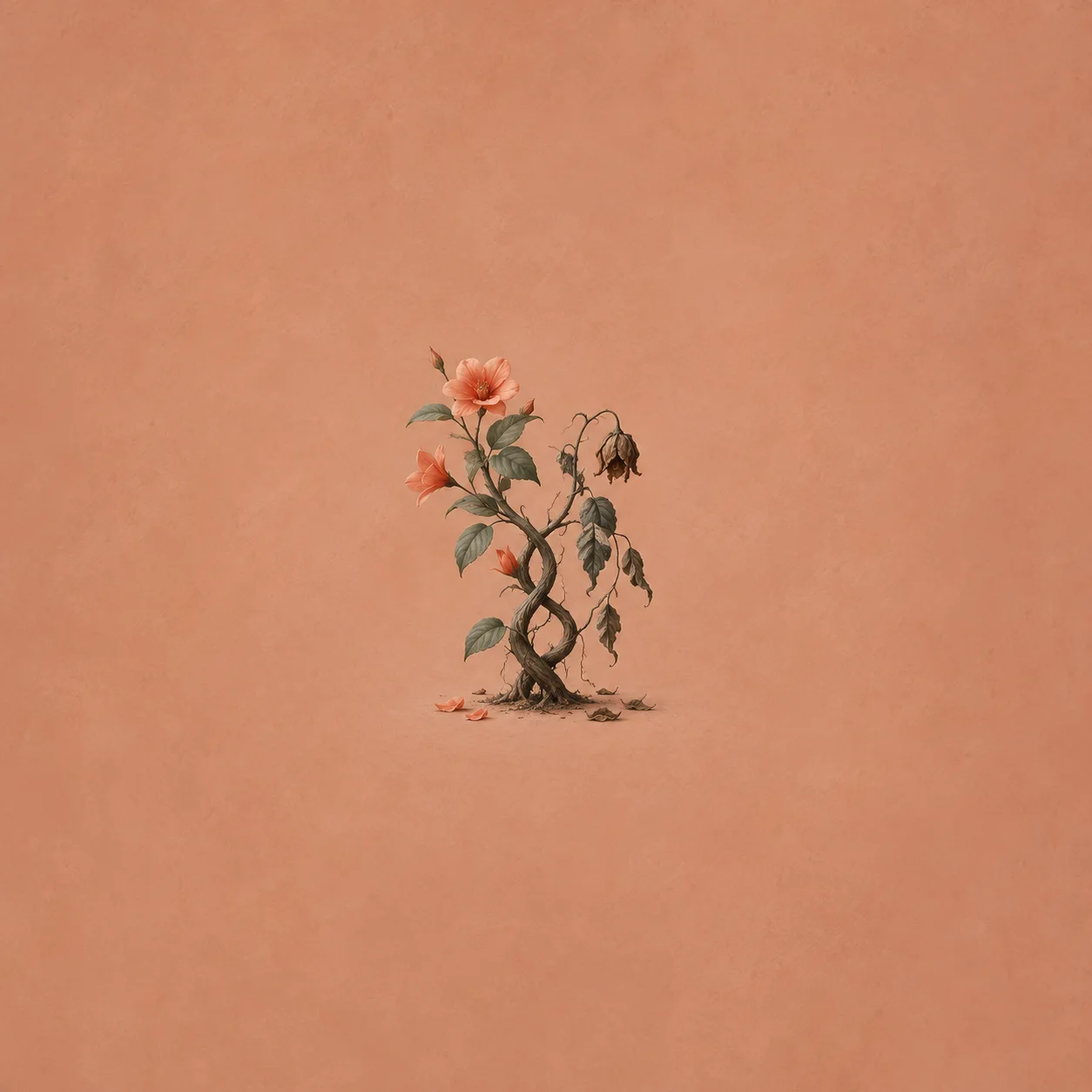 Two stems twist together, one bearing pink blossoms and the other wilted, against a terracotta background.