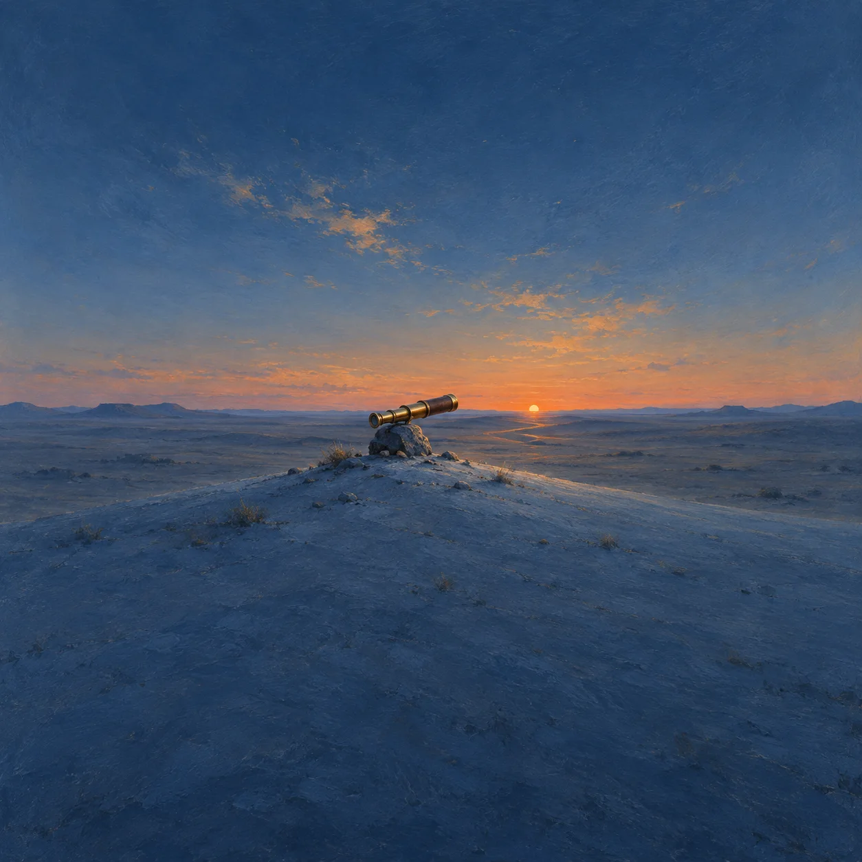 A brass spyglass on a small rocky rise, pointing toward an orange sun at the distant horizon beneath a blue dusk sky.