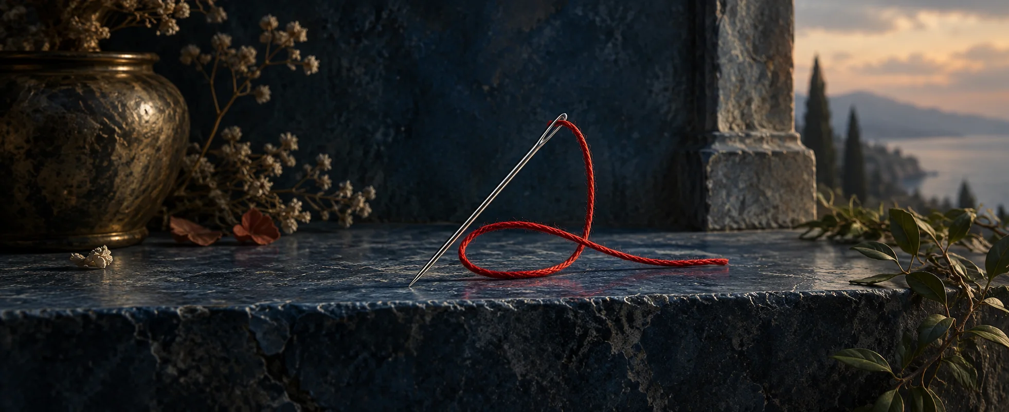 A small silver needle and a loop of red thread rest on a dark blue stone shelf.