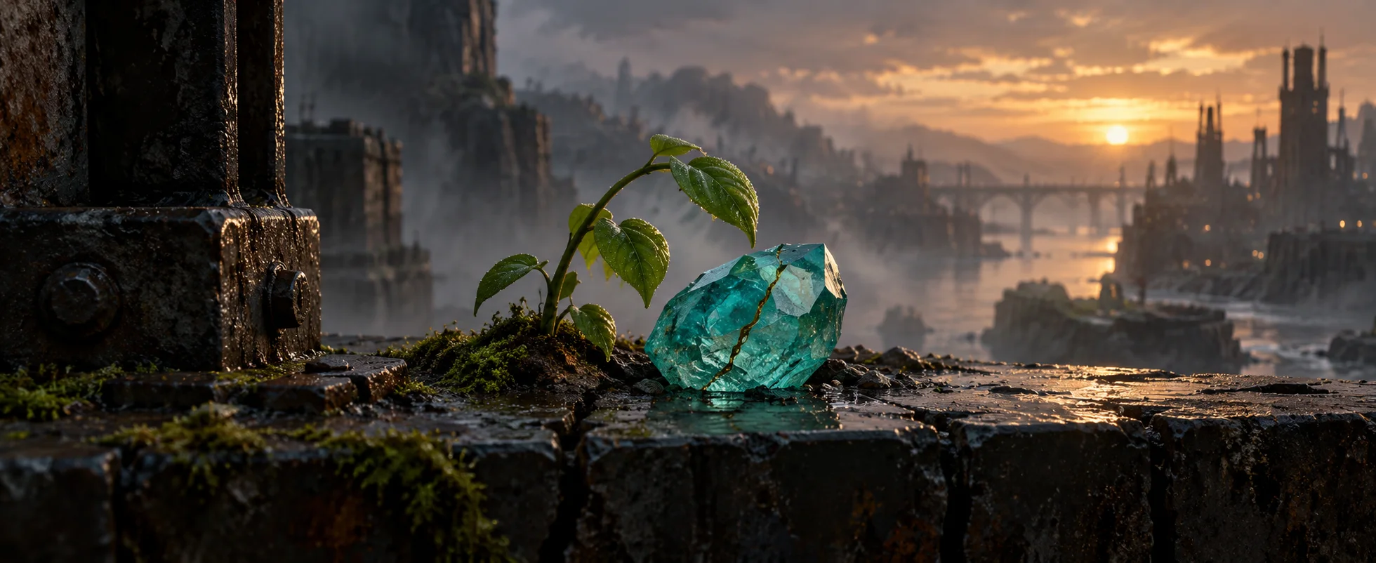 A small green plant bends beside a cracked turquoise crystal on a dark industrial ledge.