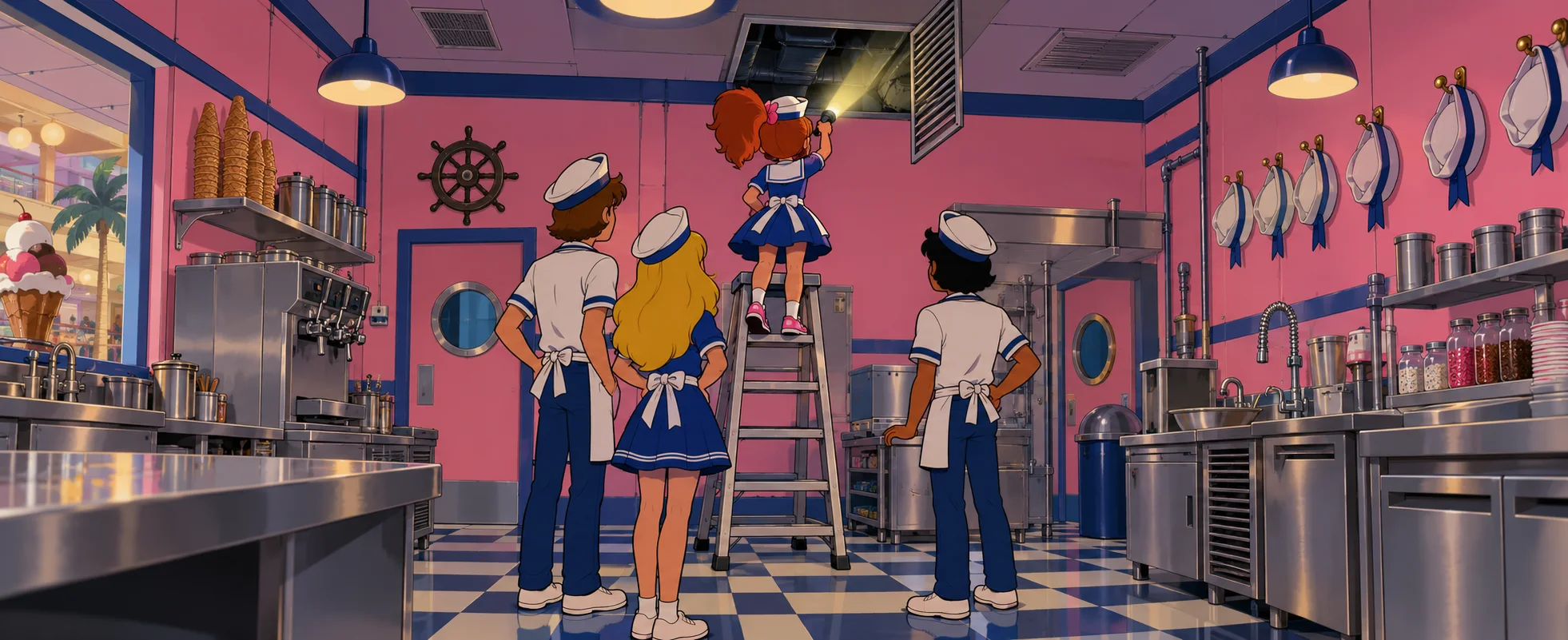 In a pink nautical-themed ice-cream parlour, a small girl climbs a stepladder toward an open air vent while teens in sailor uniforms watch.