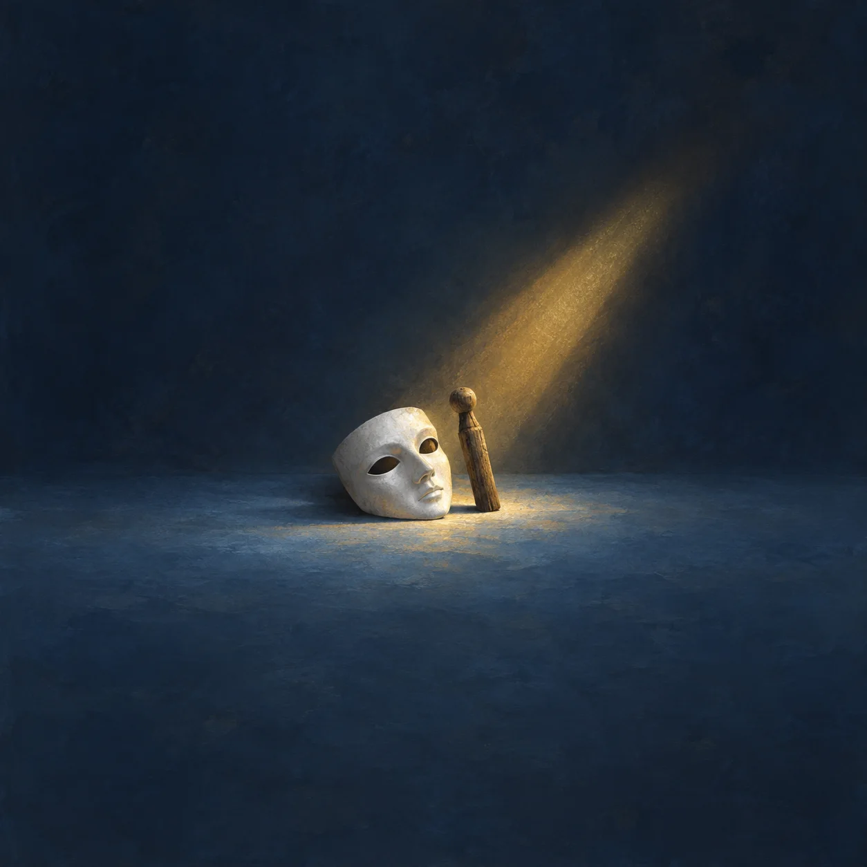 A white theatrical mask rests beside an upright wooden peg in a shaft of golden light against dark blue.