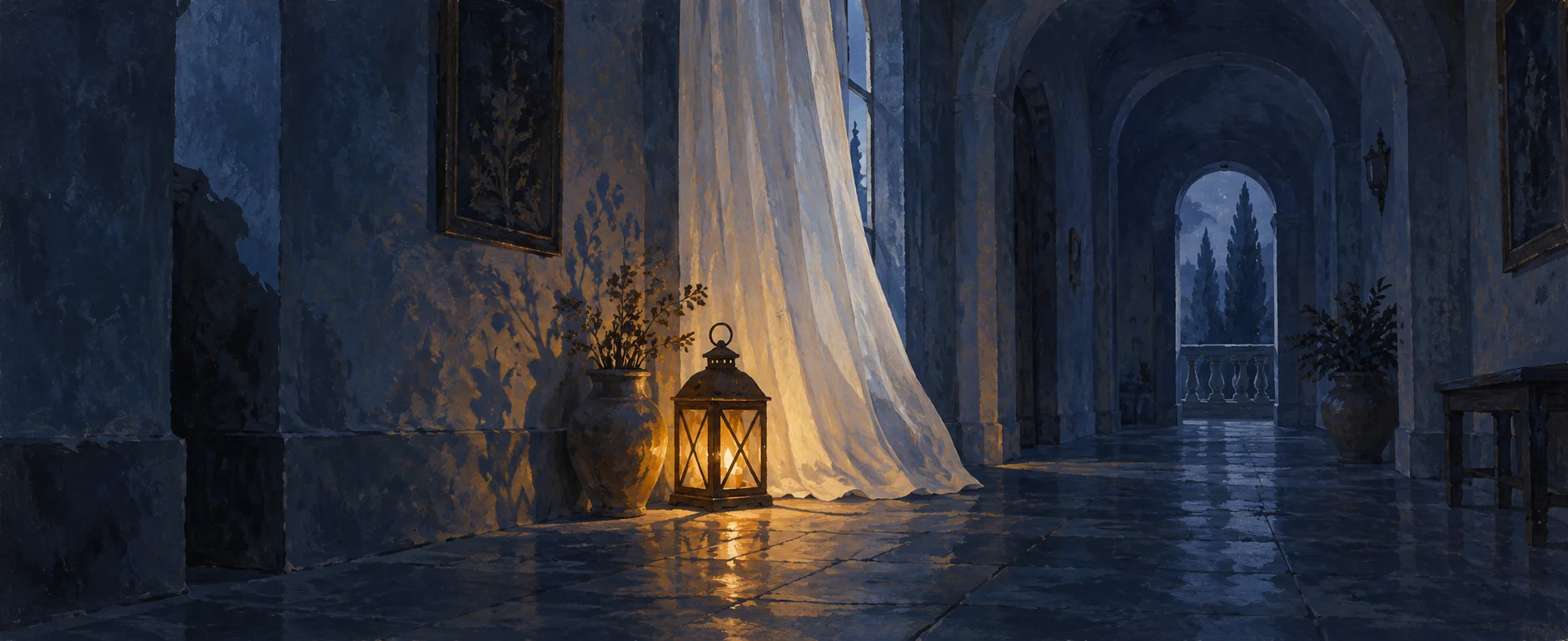 A small amber lantern glows beside a pale curtain in an empty indigo corridor.
