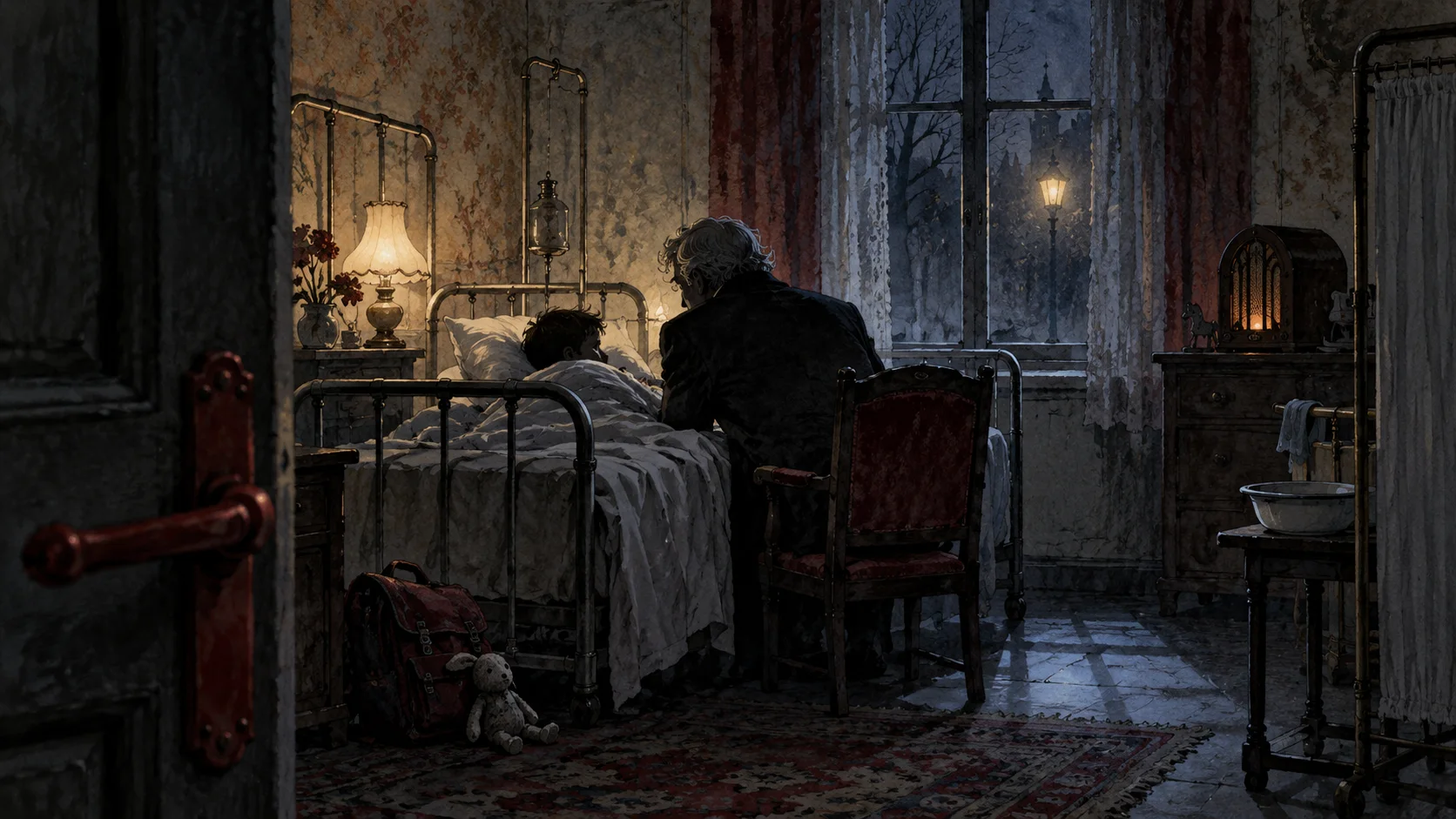 A small boy lies in a hospital bed at night with the sheet pulled up while a man in a dark coat leans in from a chair beside him.