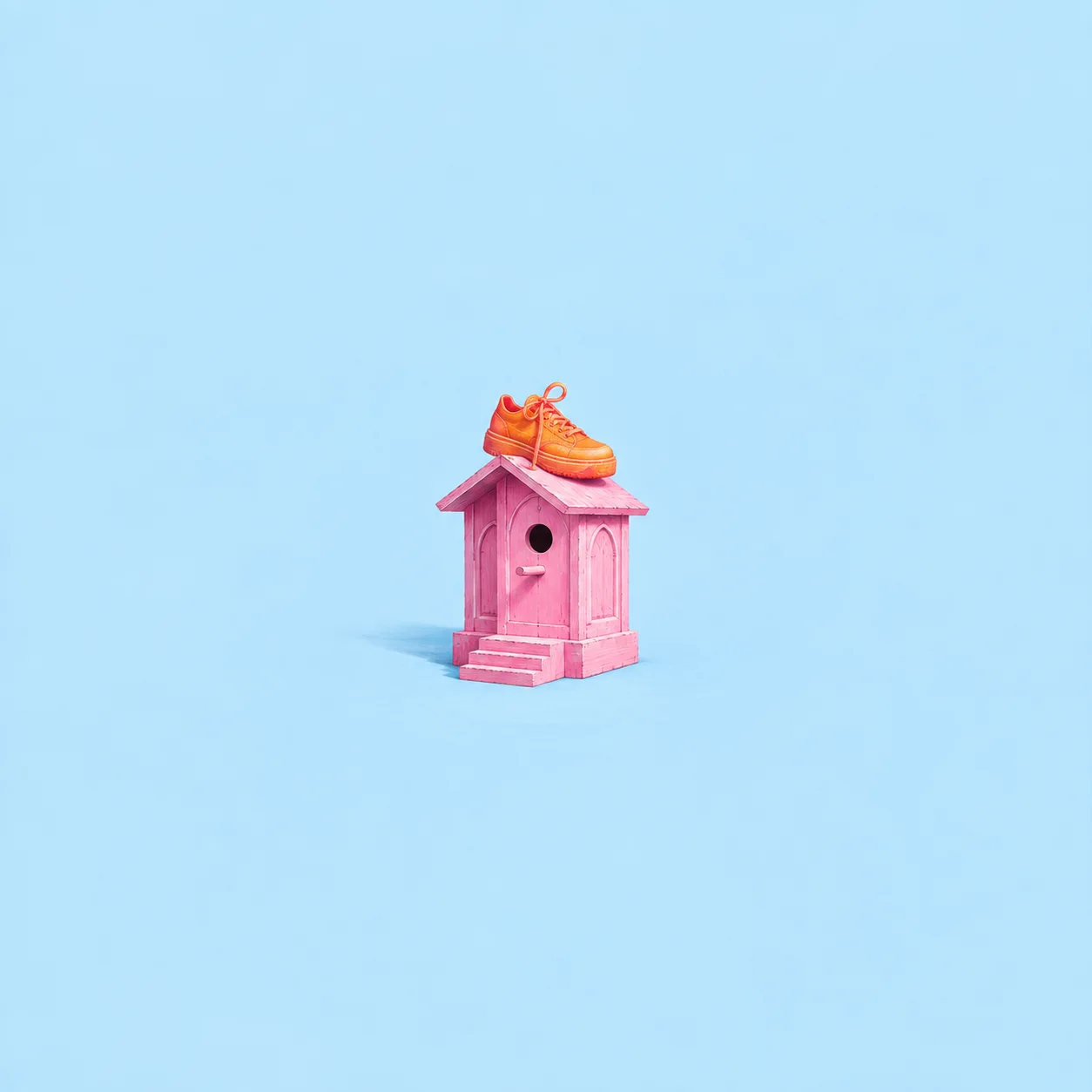 An orange trainer sits on the roof of a small pink birdhouse with steps against pale blue.