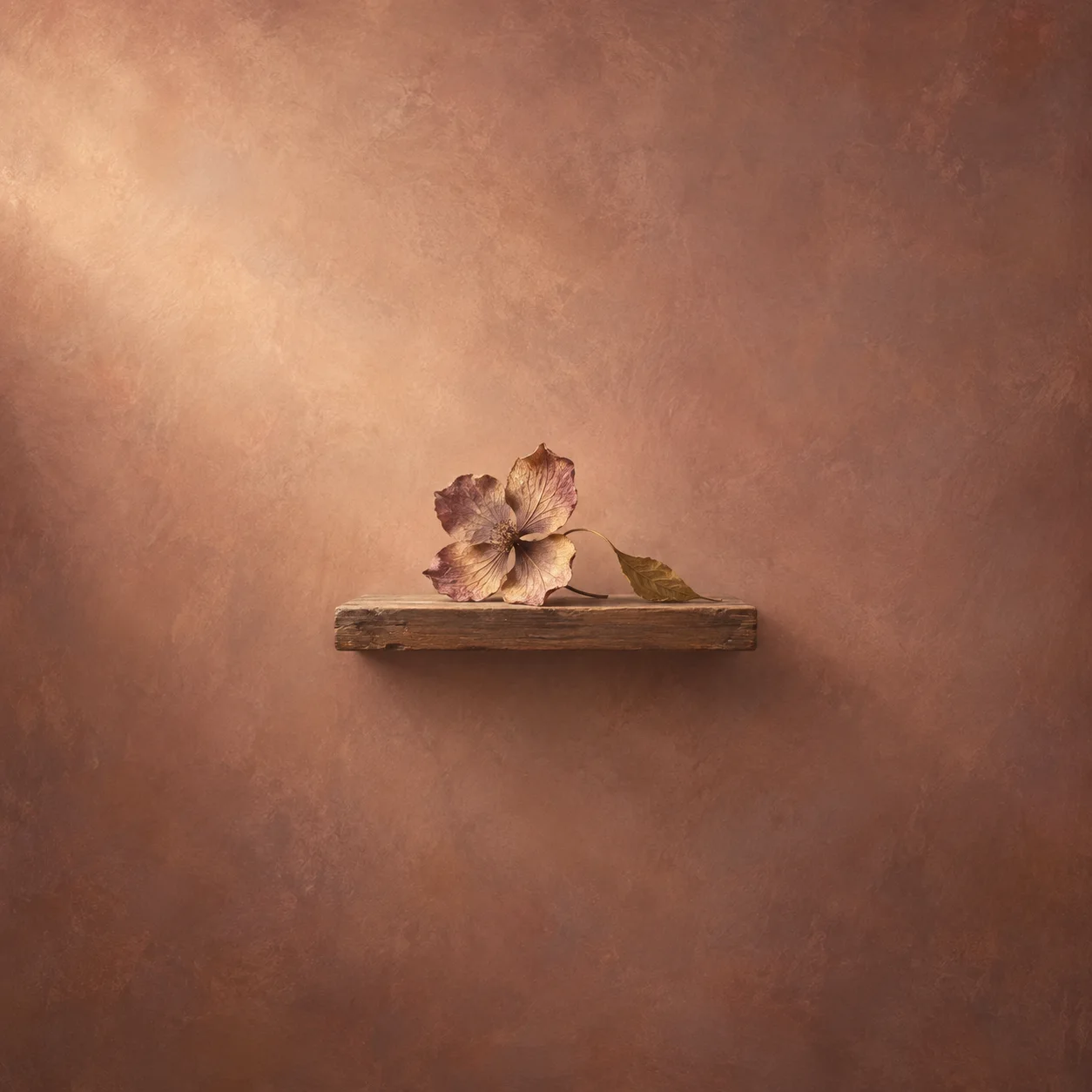 A dried pink flower and leaf rest on a small wooden ledge.