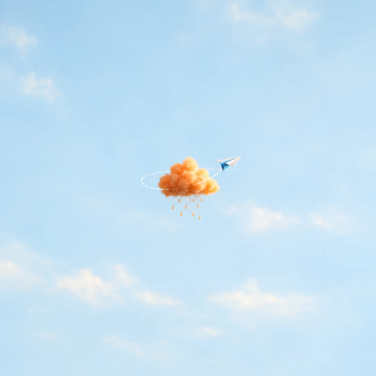 A folded paper aeroplane curves past a small orange cloud with dangling raindrops in a pale blue sky.