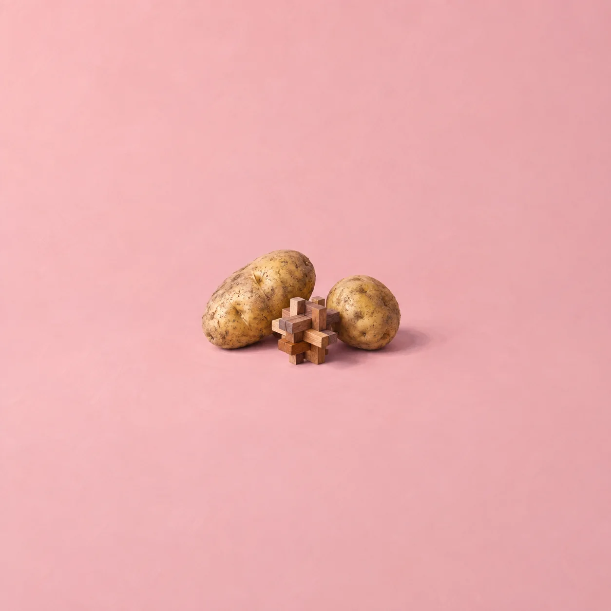 Two potatoes beside an interlocking wooden puzzle on a soft pink background.