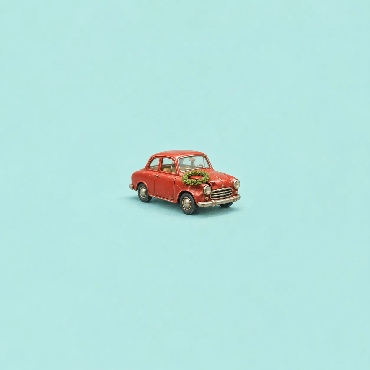 A dented red toy car carries a small leafy wreath on its bonnet against aqua.