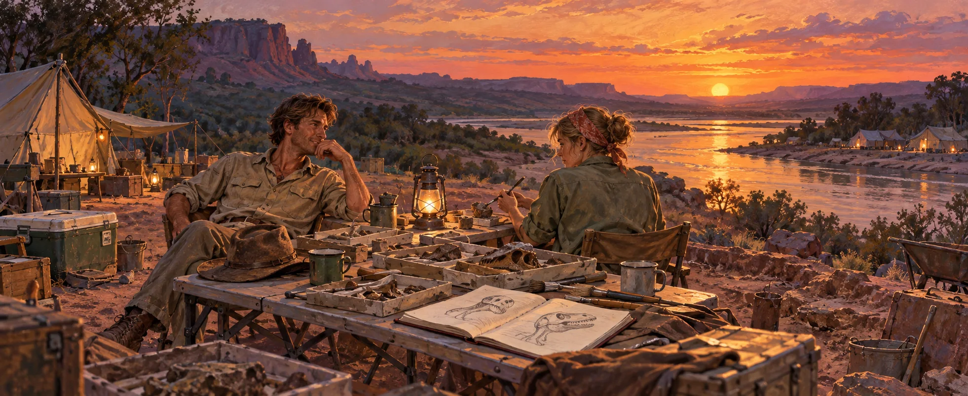 A palaeontologist lounges by a dig-site camp table at sunset as a colleague sketches beside him.