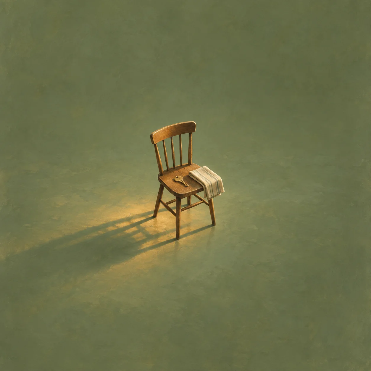 A wooden chair holding a brass key and a folded striped cloth on a sage-green floor.