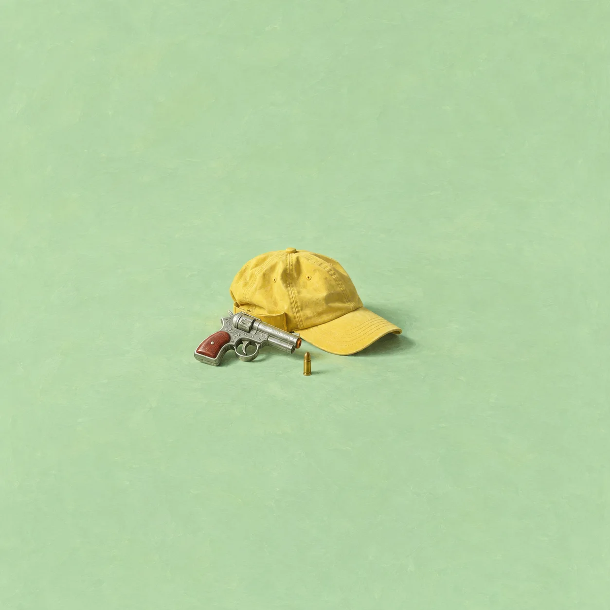 A small silver-colored pistol beside a yellow cap and one upright brass cartridge on a mint-green background.