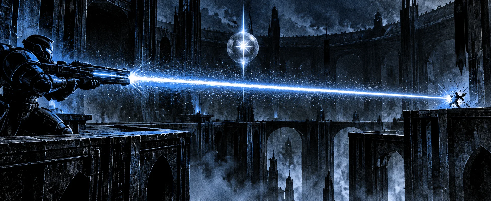 A sniper fires a blue rail beam across a dark gothic arena at a distant opponent.