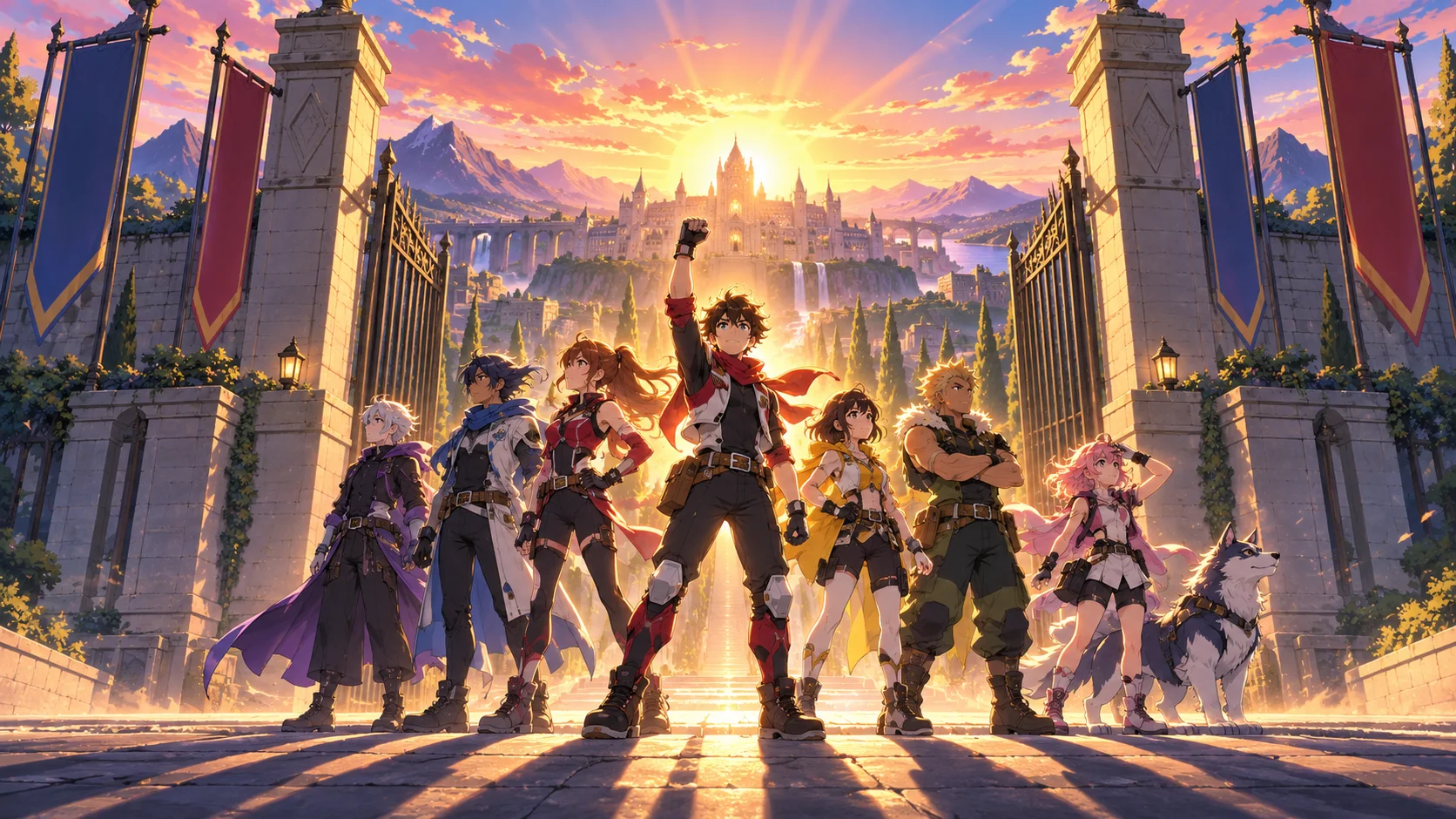 Anime illustration: a band of seven young adventurers and a large husky stand in a line before open iron gates, the central youth with a red scarf raising a fist toward a glowing castle city at sunrise.