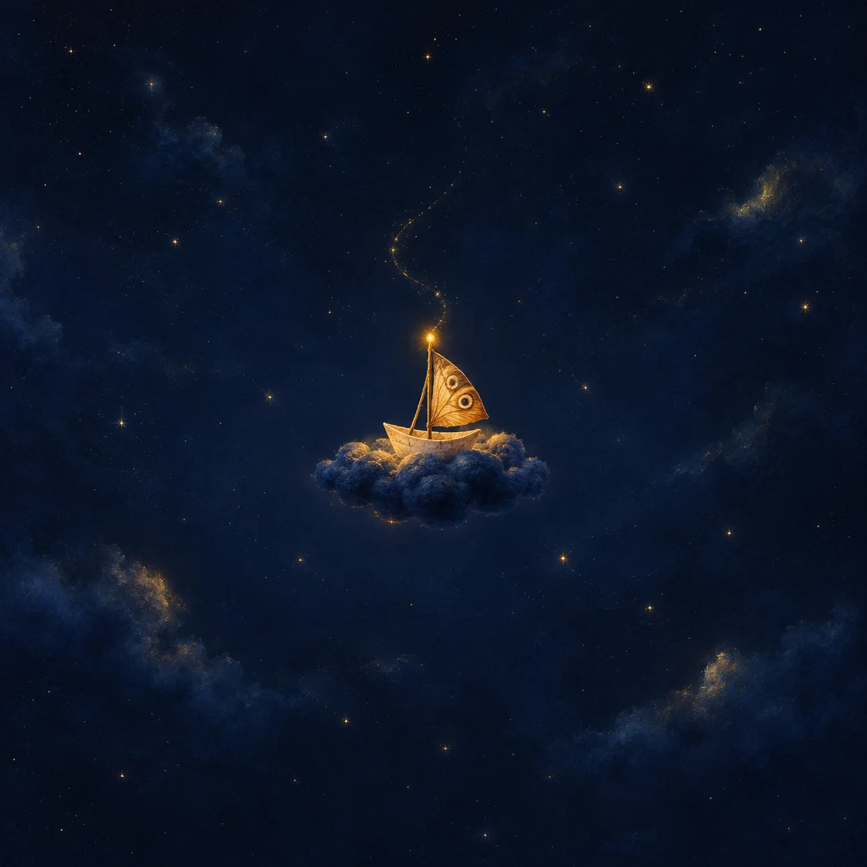 A golden paper sailboat on a dark blue cloud beneath stars, with a glowing thread rising from its mast.