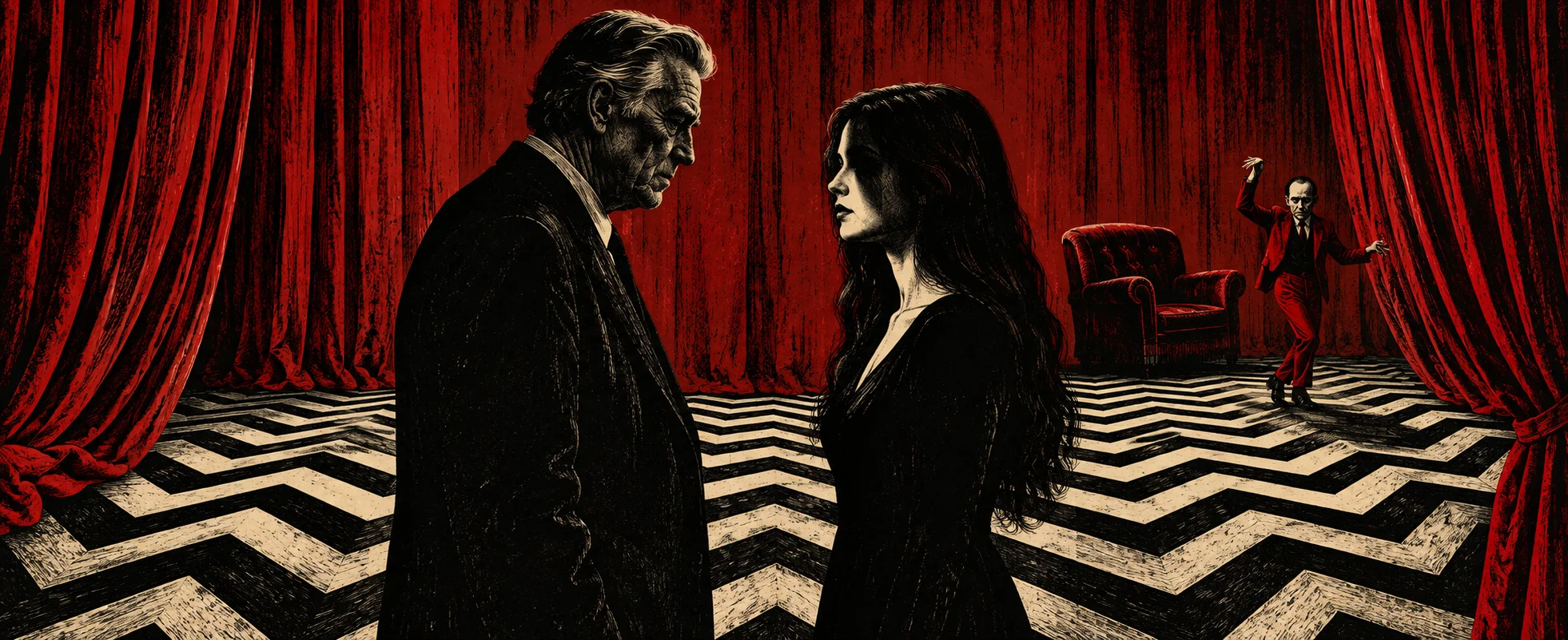 An older FBI agent faces a dark-haired young woman in a black dress in a red-curtained room with a black-and-white zigzag floor, a small man in a red suit dancing behind them.