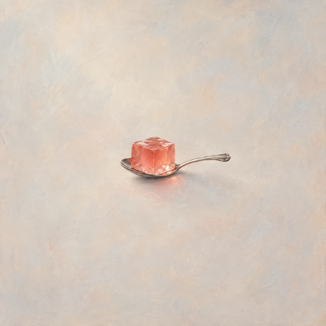 A translucent coral-pink jelly cube rests on a silver spoon against a pale textured background.