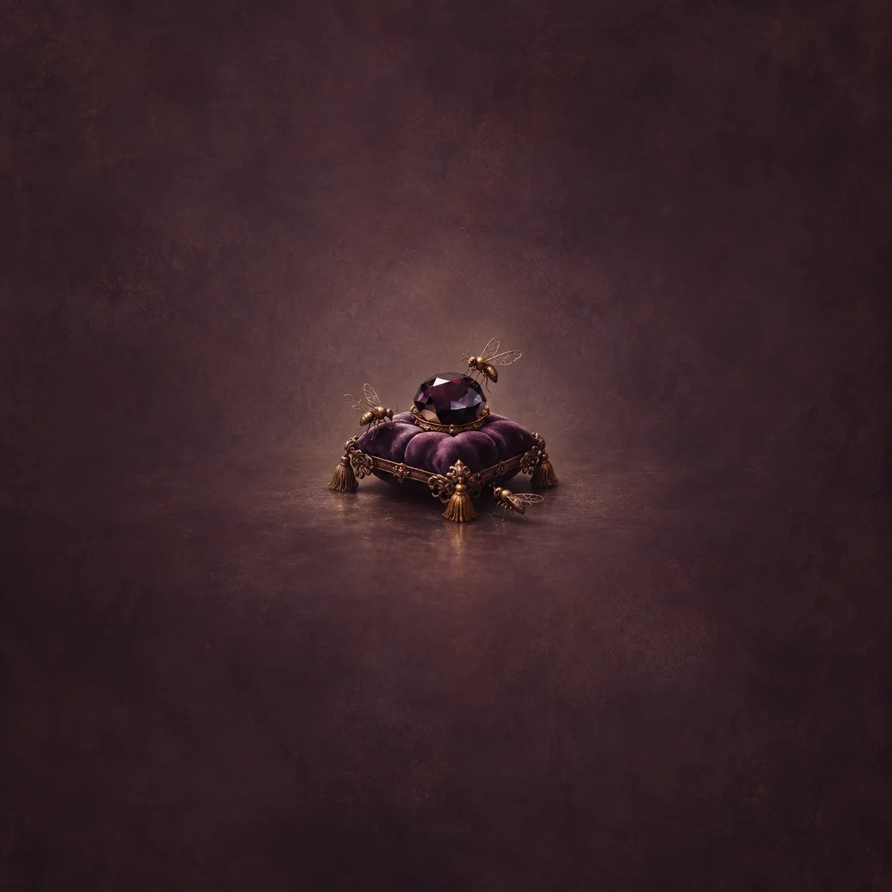 Tiny brass-colored flies around a plum velvet cushion holding a single dark gem.