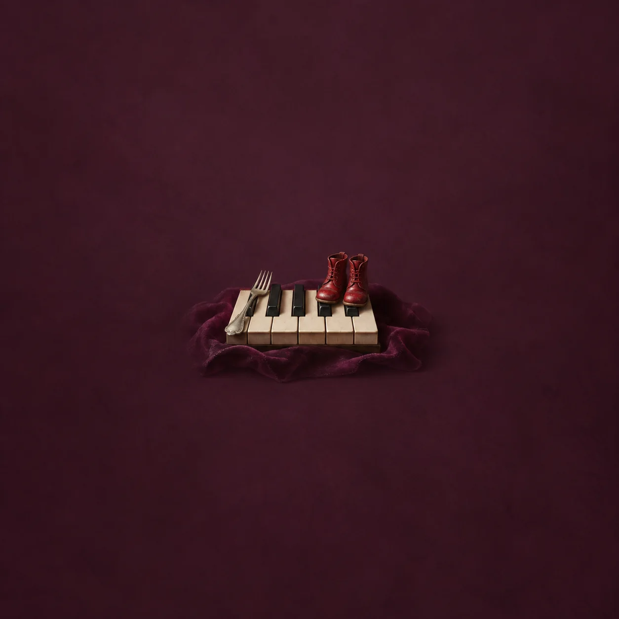 A short strip of piano keys with a small fork and red boots resting on plum fabric.
