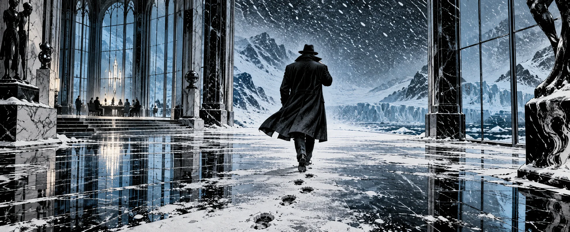 Comic illustration: a lone man in a long dark coat and hat walks away through a snowy marble hall, leaving footprints, as a blizzard and glaciers rage beyond tall windows and a few diners sit far behind.