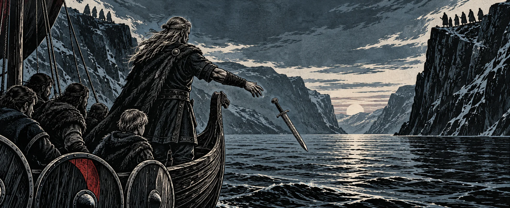 Woodcut-style still: a grey-bearded Viking flings his sword away into a fjord from a longship full of warriors.