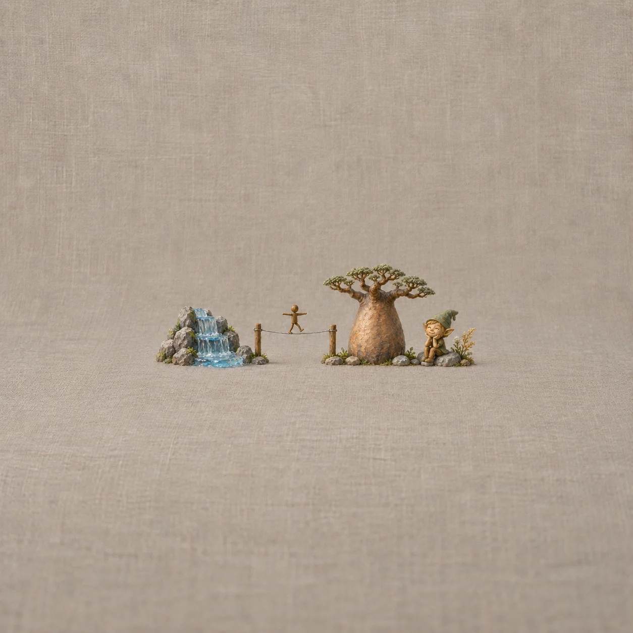 A glass-ribbon waterfall, wooden balancing figure on a wire, thick-trunked miniature baobab and smiling woodland elf form a small diorama.