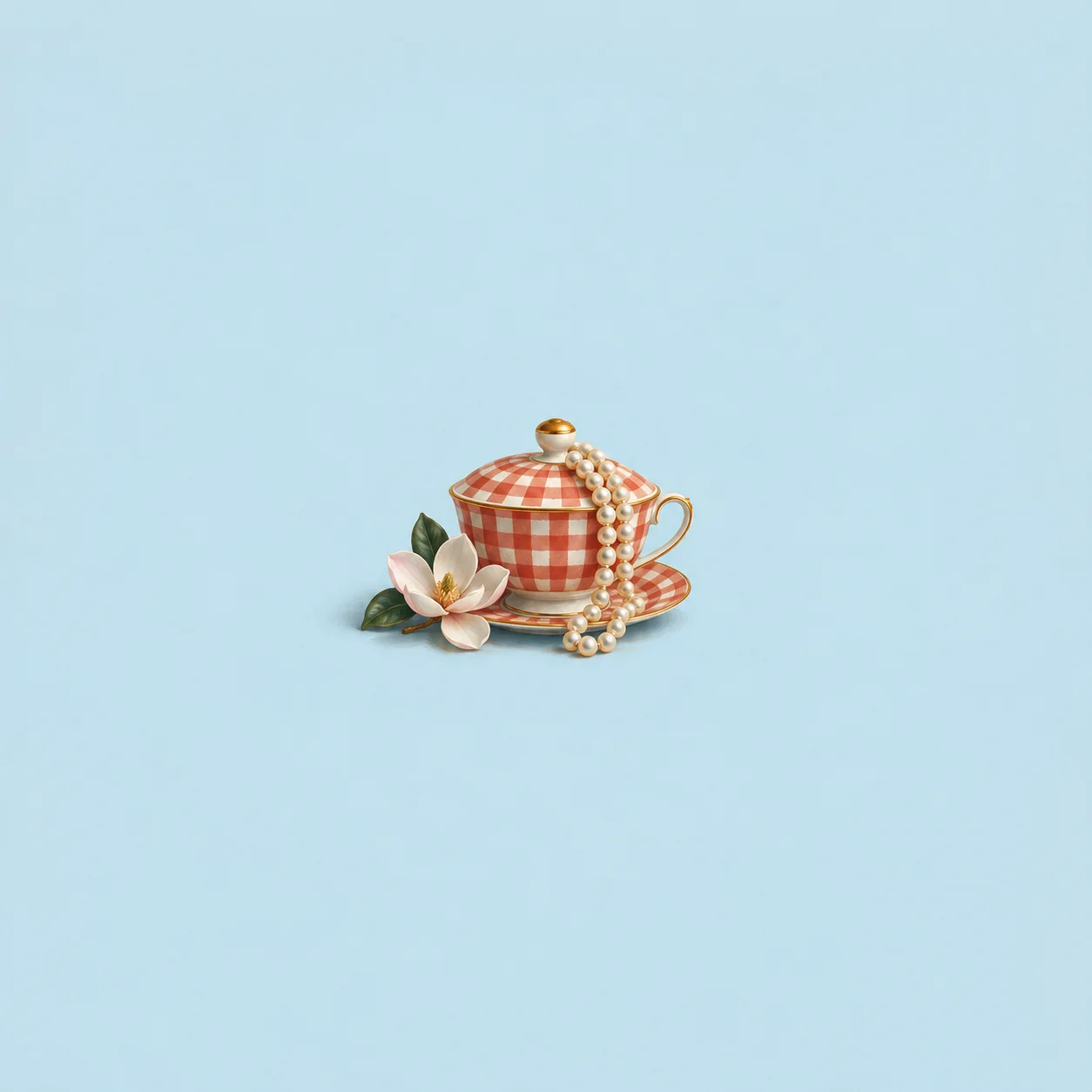 A pearl necklace drapes over a red-and-cream gingham lidded cup beside a white magnolia blossom against pale blue.