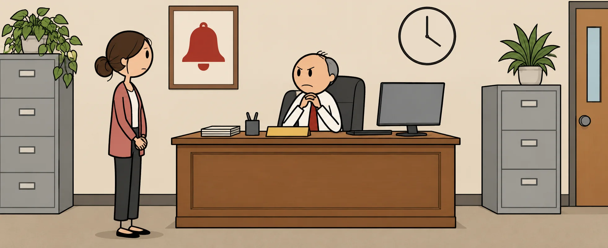 A woman stands before a stern principal at his desk in a plain school office.