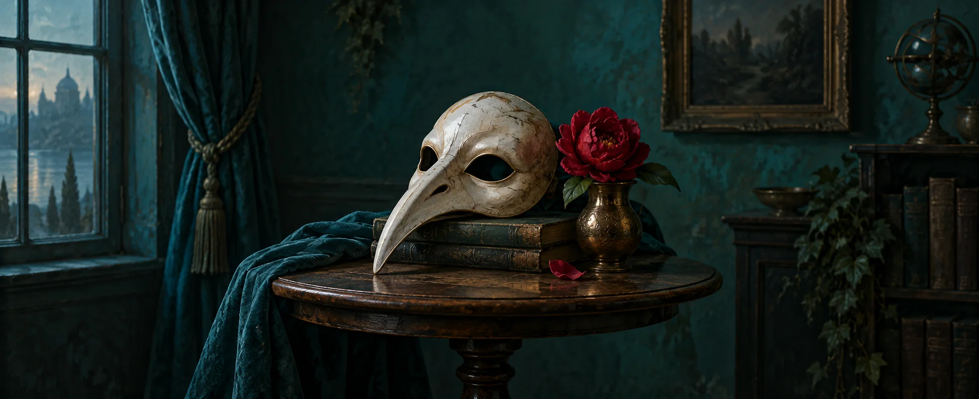 A blank ivory bird mask rests beside a single red flower in a dark turquoise room.