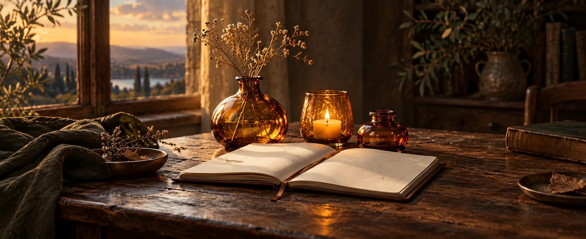 Three amber glass vessels rest beside an open pale notebook on a dark wooden desk.