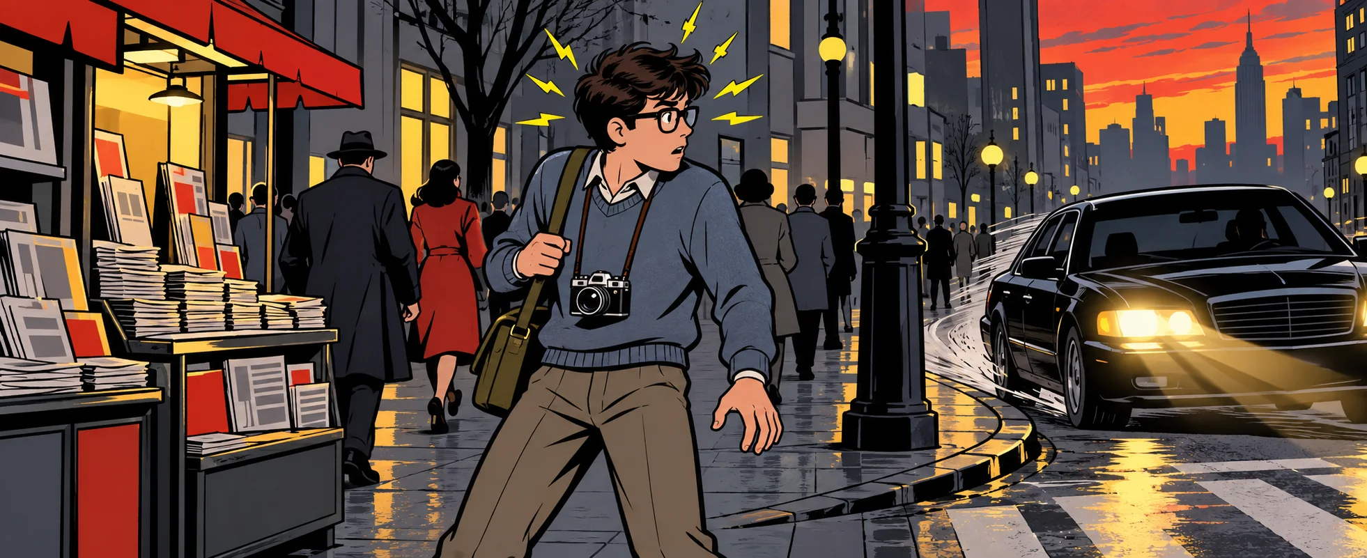 A young man with a camera and satchel hurries along a wet city street at dusk, lightning-like lines around his head.