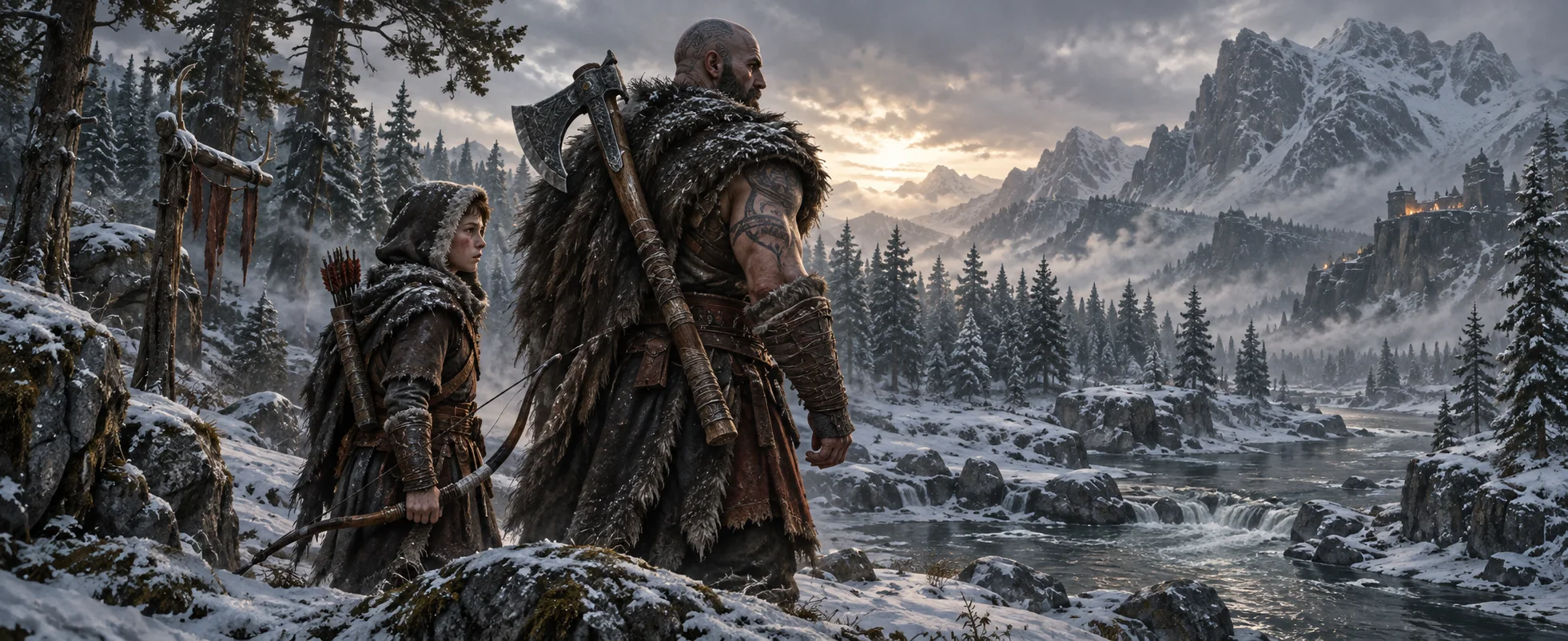 A huge bald warrior with an axe on his back stands beside a hooded boy with a bow in a snowy Norse forest by a cold river.