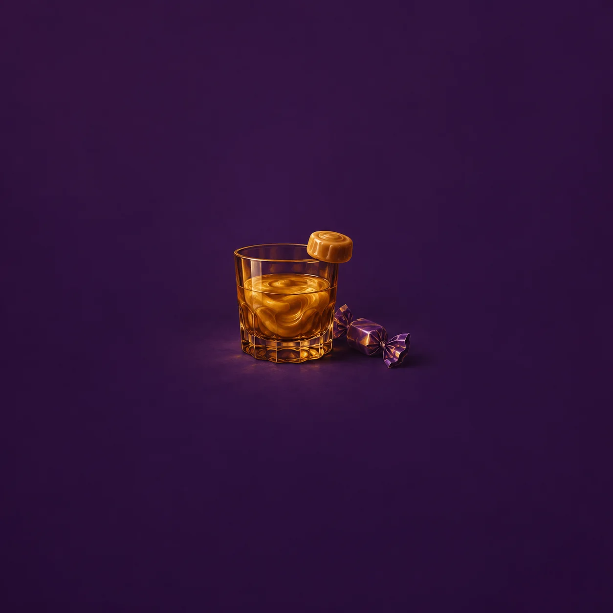 A glass of amber liquid with a caramel-colored candy on its rim and a purple wrapper beside it.