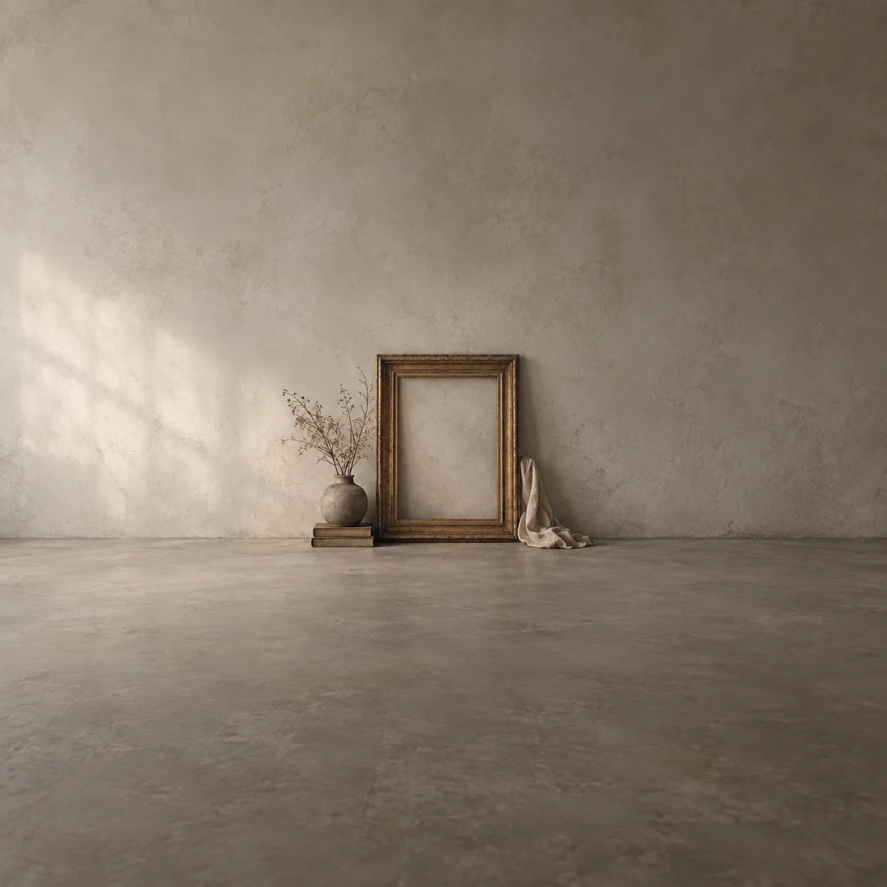 An empty wooden picture frame leans against a pale wall beside a vase of dried stems, books and draped cloth.