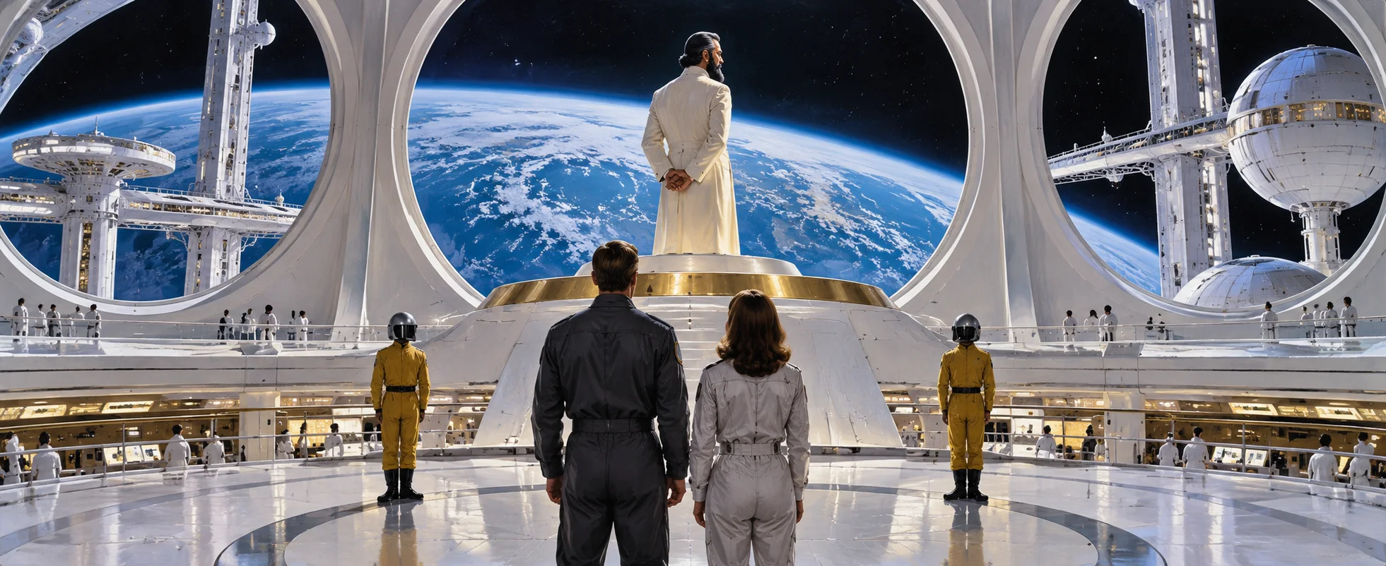 On the white control deck of a space station above the Earth, Hugo Drax stands on a raised platform facing Bond and Holly Goodhead between two guards in yellow.