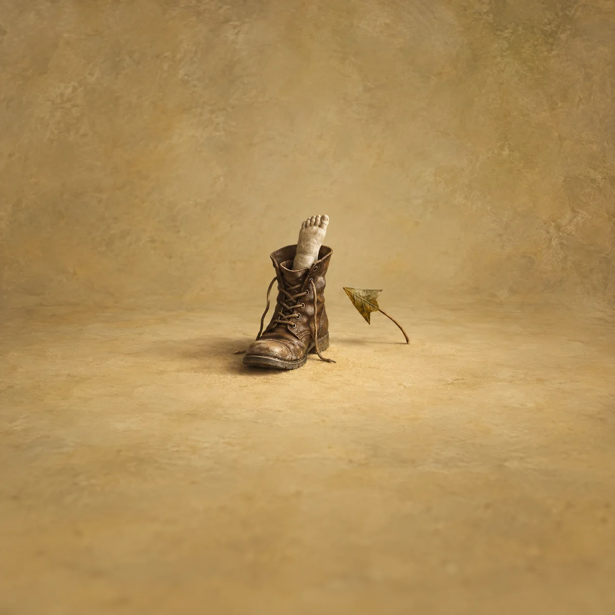 A small pale sculpted foot pokes out of a worn brown boot beside a curled leaf.