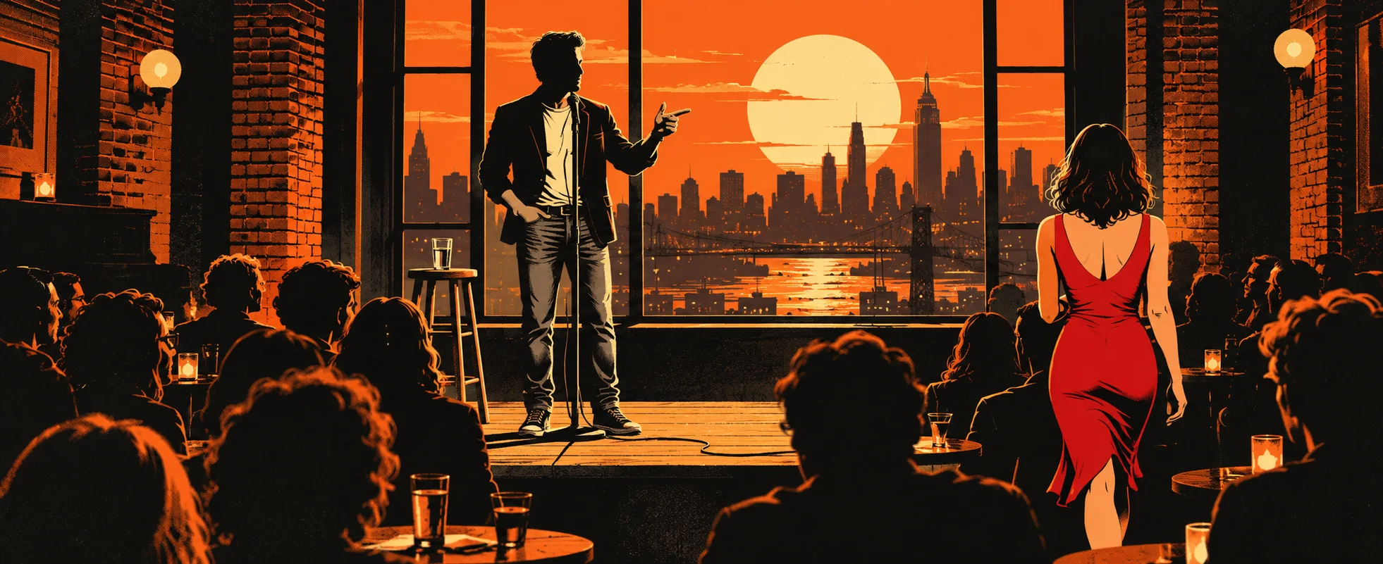 A stand-up comic gestures on a small club stage before an orange skyline as a woman in red walks past.