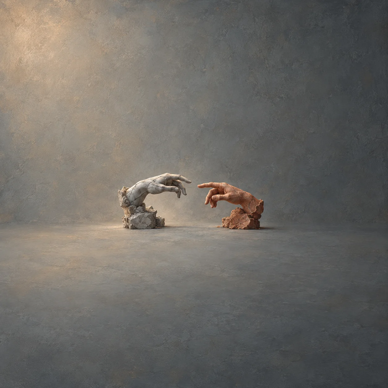 Painterly pale stone and terracotta hands reaching towards each other across a small gap.