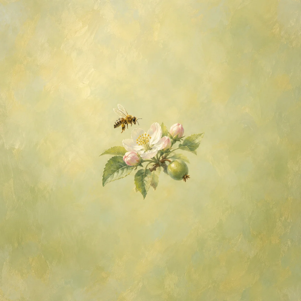 Painterly bee hovering near a white blossom, pink buds and small green fruit on a leafy branch.