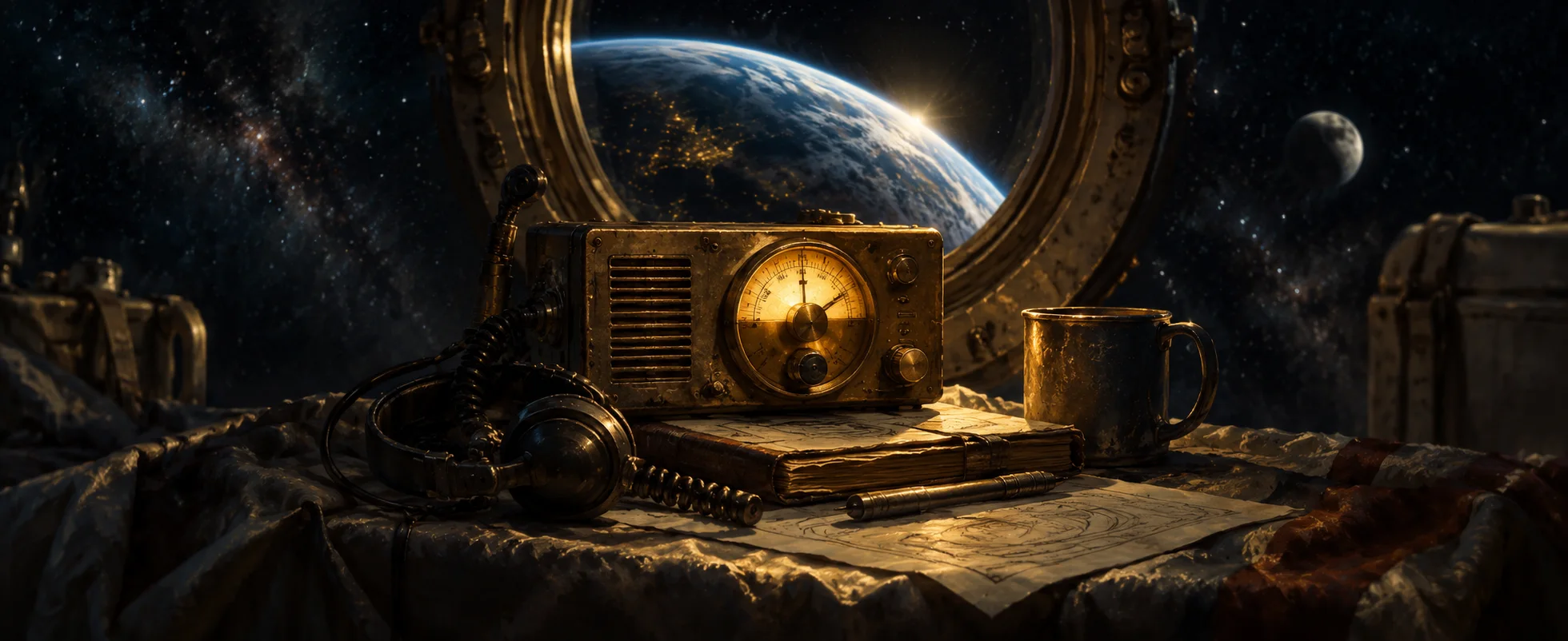 A small brass radio dial glows beneath a glass window overlooking a blue crescent of Earth.