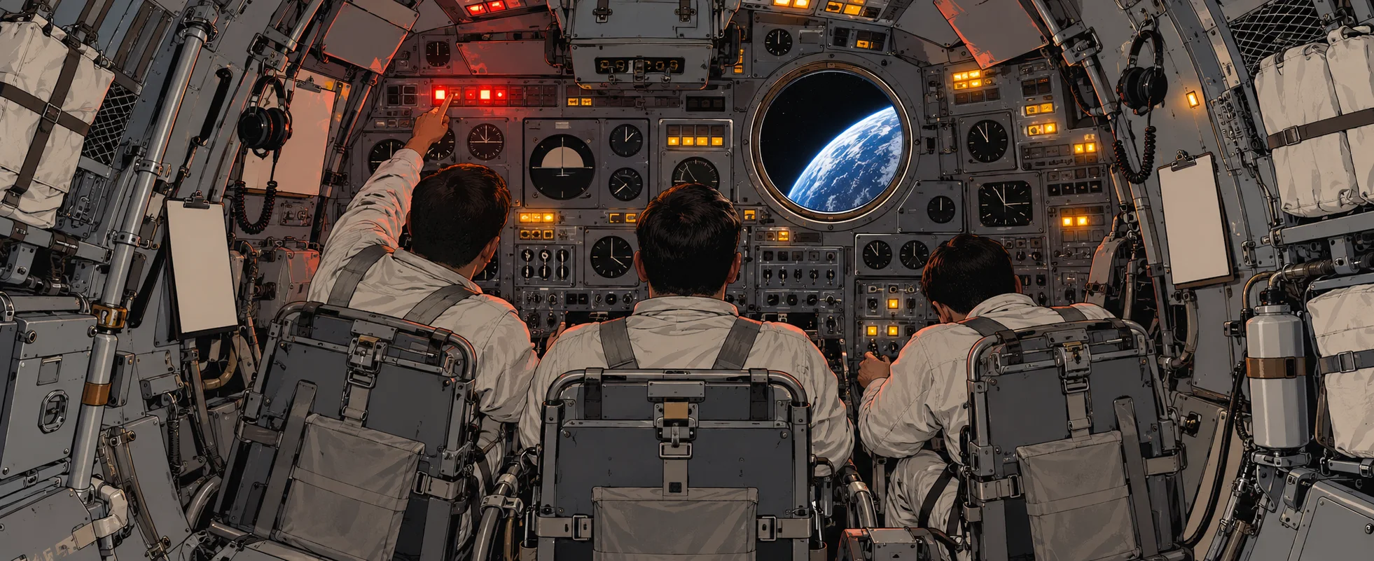 Three astronauts sit cramped at the control panels of a capsule lit by warning lights, the Earth in the round window.