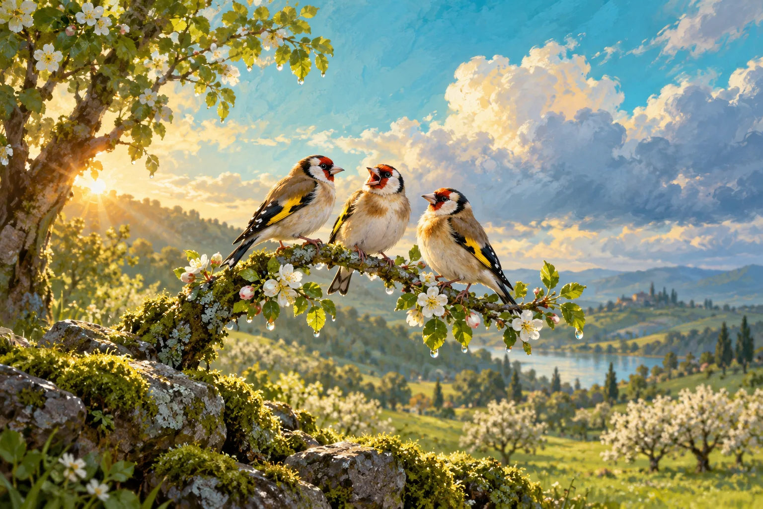 Three small goldfinches perch together on a flowering branch above a mossy stone in an orchard after rain.