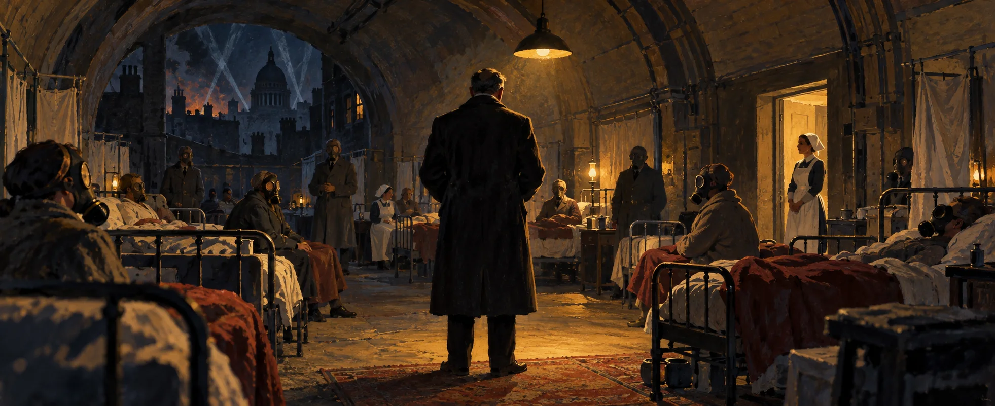 A man in a leather jacket stands in a wartime hospital ward of iron beds where patients in gas masks lie, a nurse in the doorway.