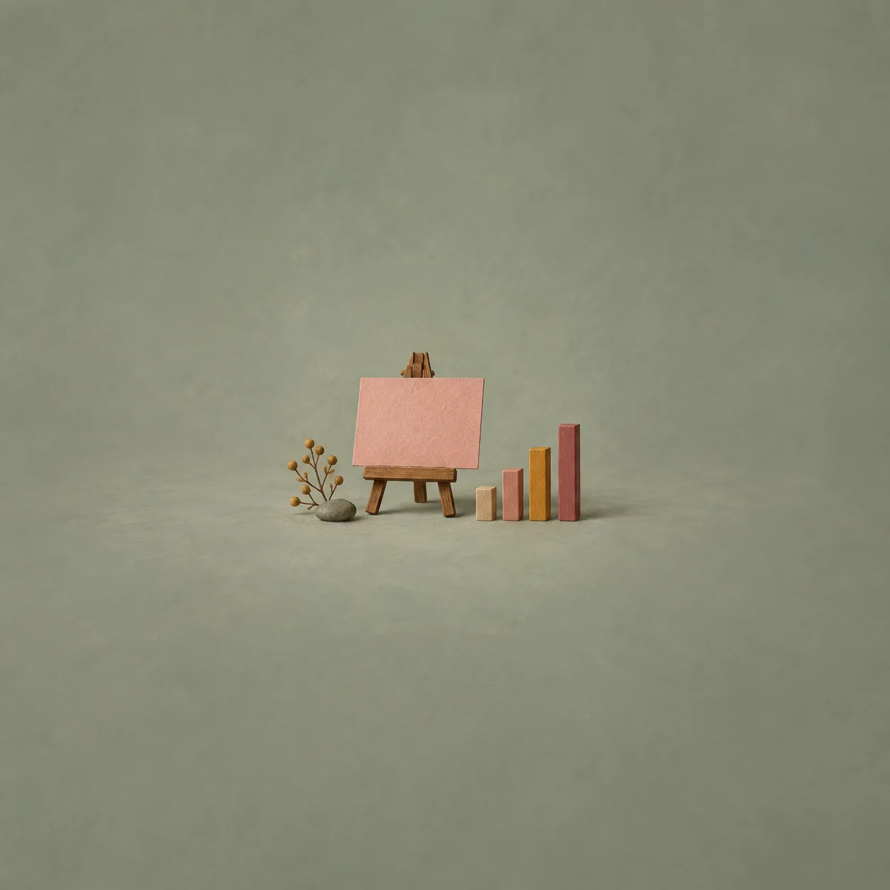 A miniature easel holds a blank pink card beside coloured wooden bars of increasing height on a green-grey surface.