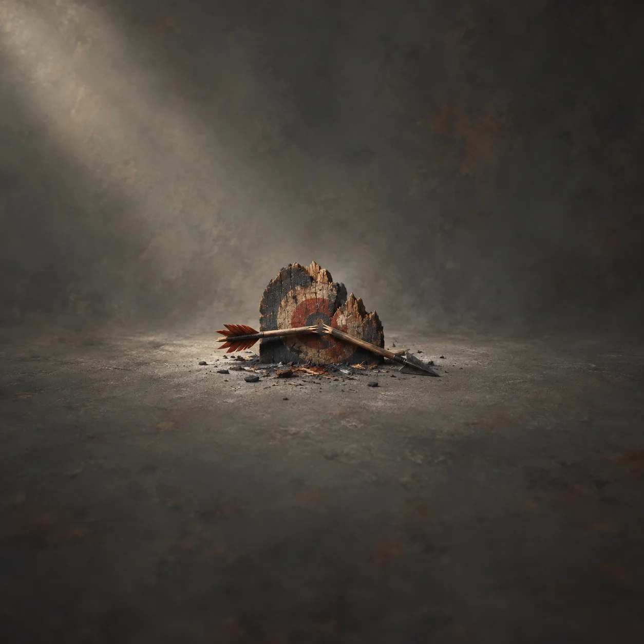 A broken arrow lies across a scorched wooden target fragment and scattered ash on dark ground.