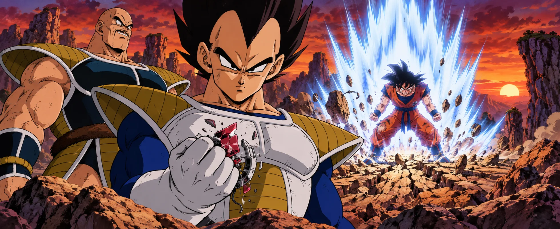Anime illustration: a spiky-haired warrior in Saiyan armour crushes a scouter in his fist, a huge bald companion beside him, as a fighter in an orange gi powers up in a blue-white aura on a rocky battlefield.