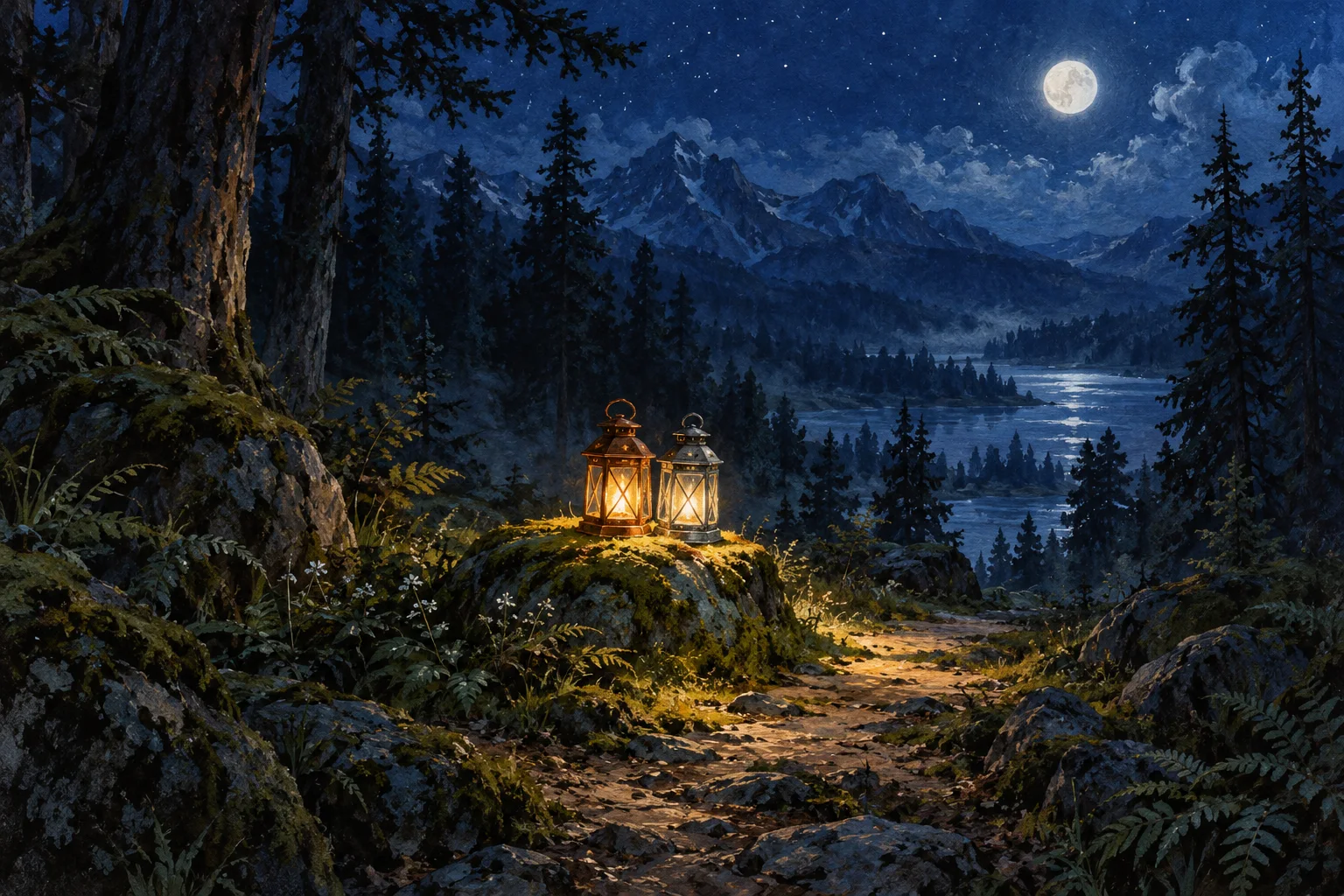 A copper lantern and a silver lantern shine together on a mossy stone beside a path into a blue night forest.