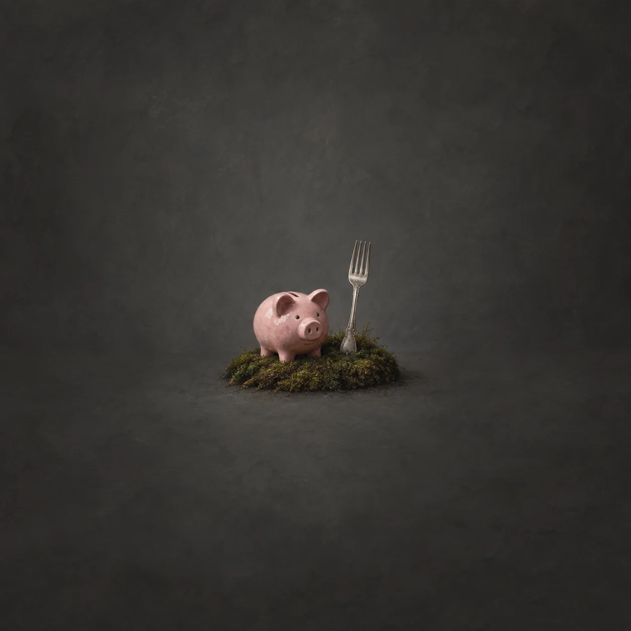 A pink piggy bank sits beside a silver fork standing upright in a patch of moss.