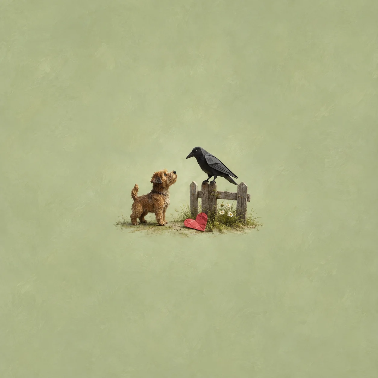 A small terrier looks up at a black crow on a wooden fence beside a red paper heart and flowers.